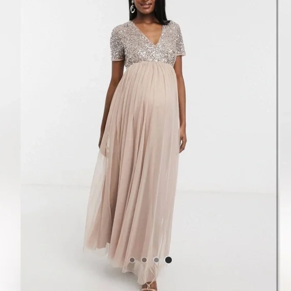 Maya maternity taupe mauve v-neck maxi tulle dress with sequins